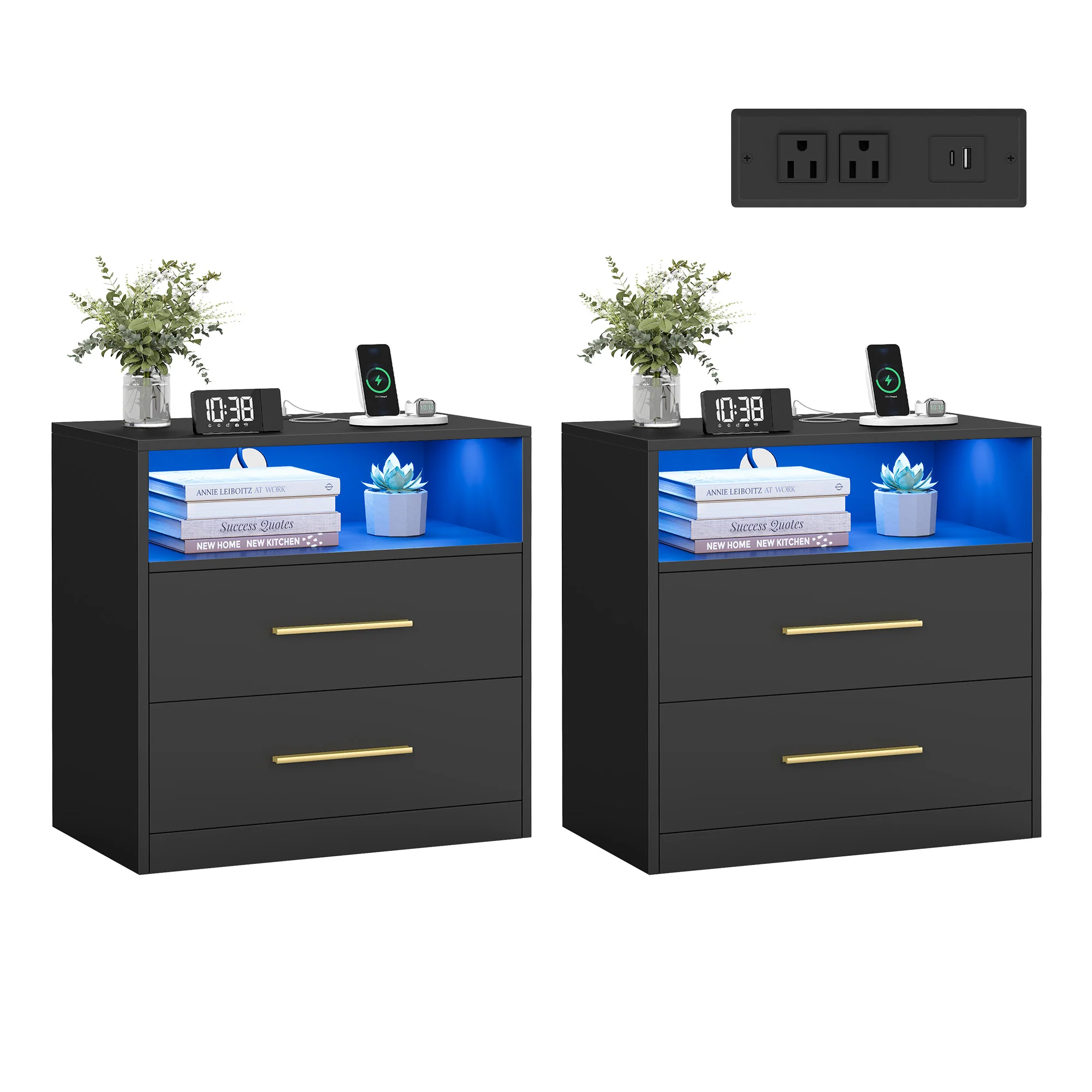 VASAGLE CUSTOS Collection - Nightstand with Charging Station, LED Lights - Image 2