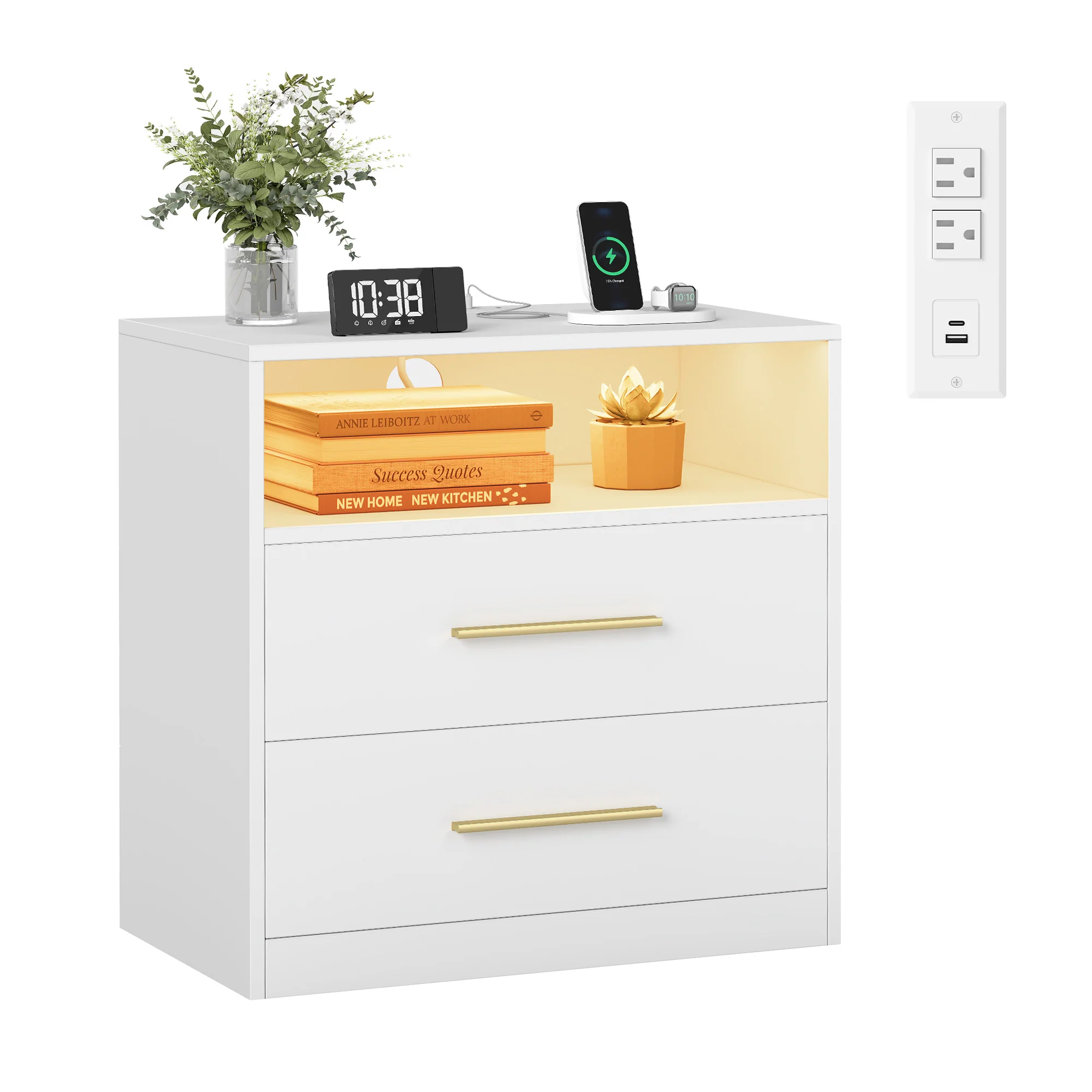VASAGLE CUSTOS Collection - Nightstand with Charging Station, LED Lights - Image 3