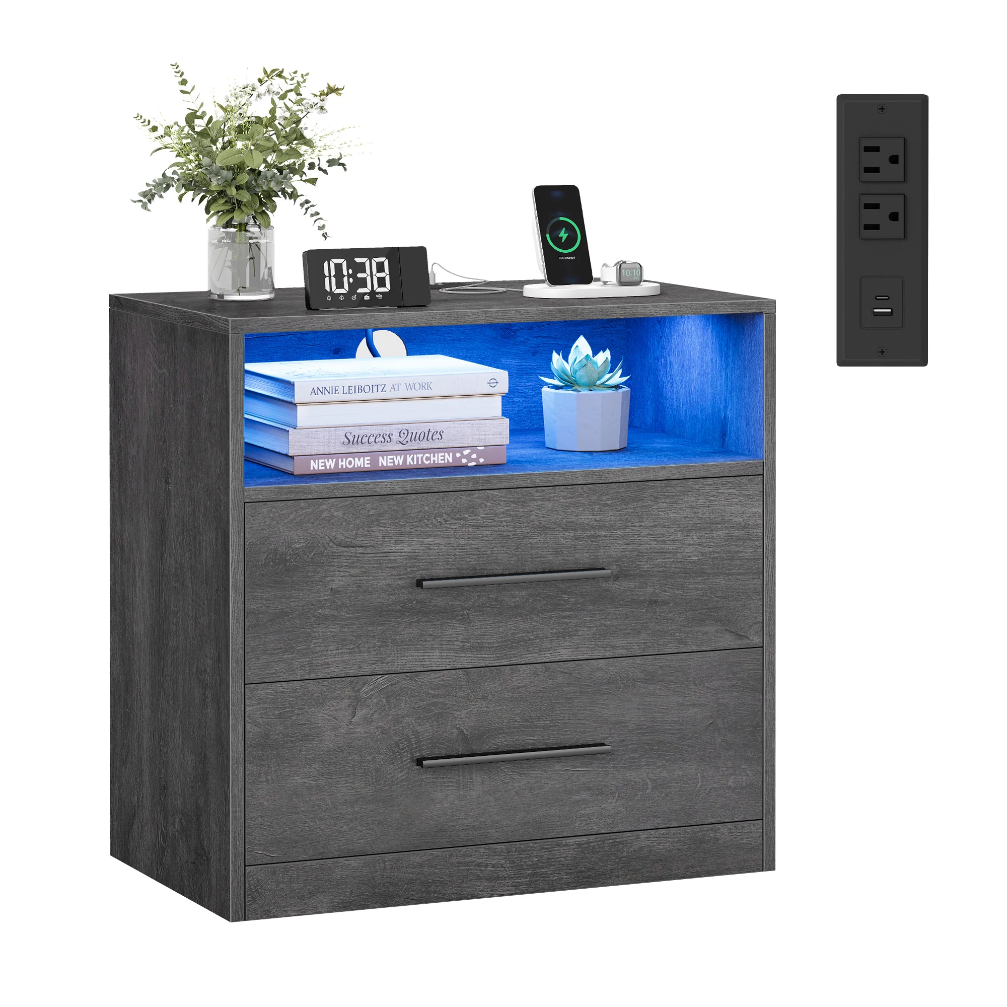 VASAGLE CUSTOS Collection - Nightstand with Charging Station, LED Lights - Image 5