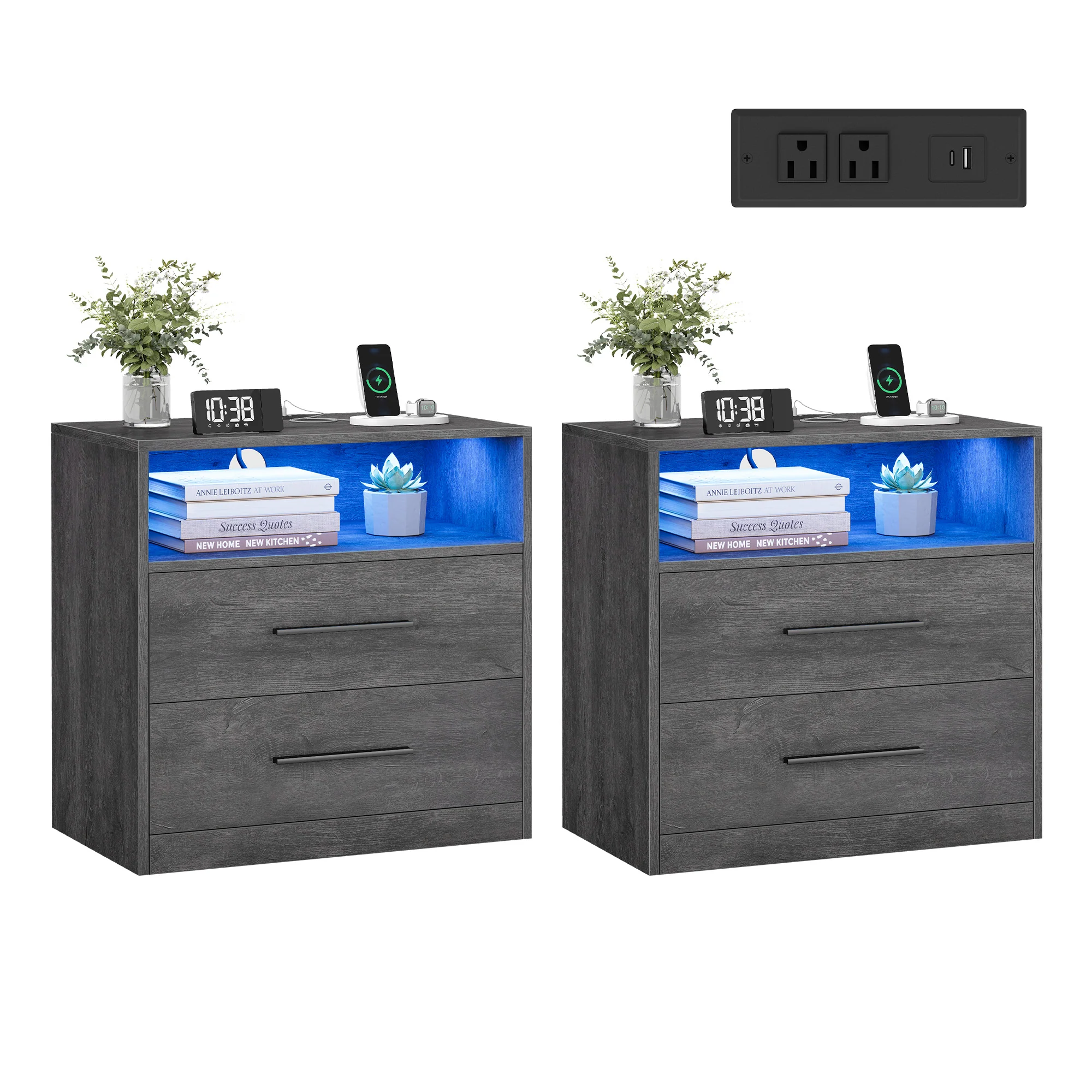 VASAGLE CUSTOS Collection - Nightstand with Charging Station, LED Lights - Image 6