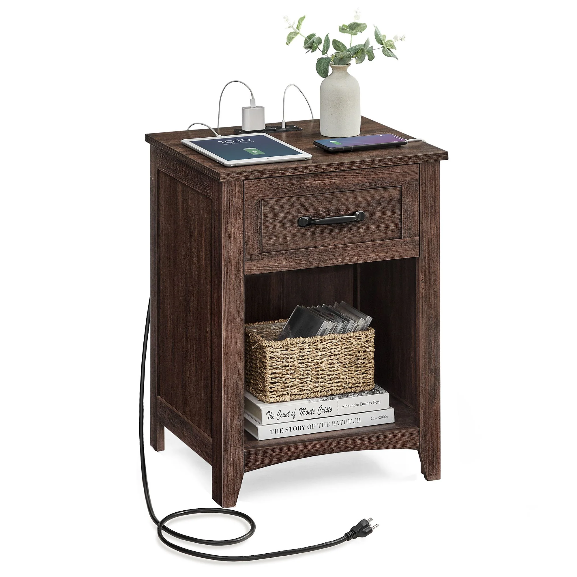 VASAGLE Farmhouse Nightstands with Charging Station, Set of 2, Bedside Tables with Drawer - Image 2