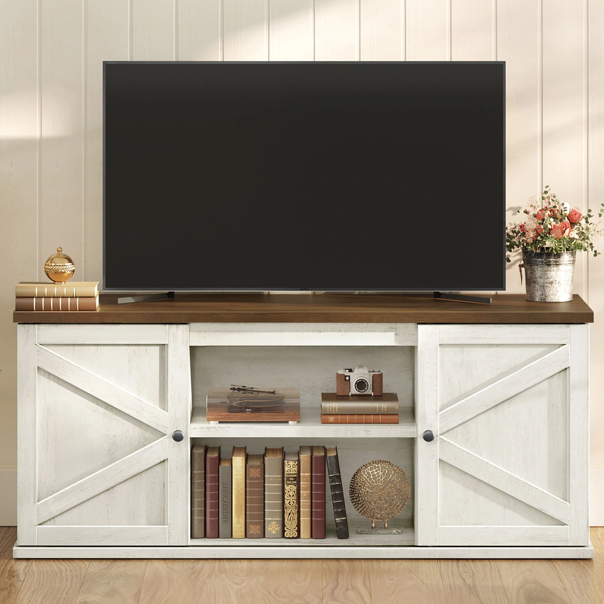 VASAGLE Farmhouse TV Stand for TVs up to 65 Inches, Entertainment Center with Storage Cabinets and Sliding Barn Doors