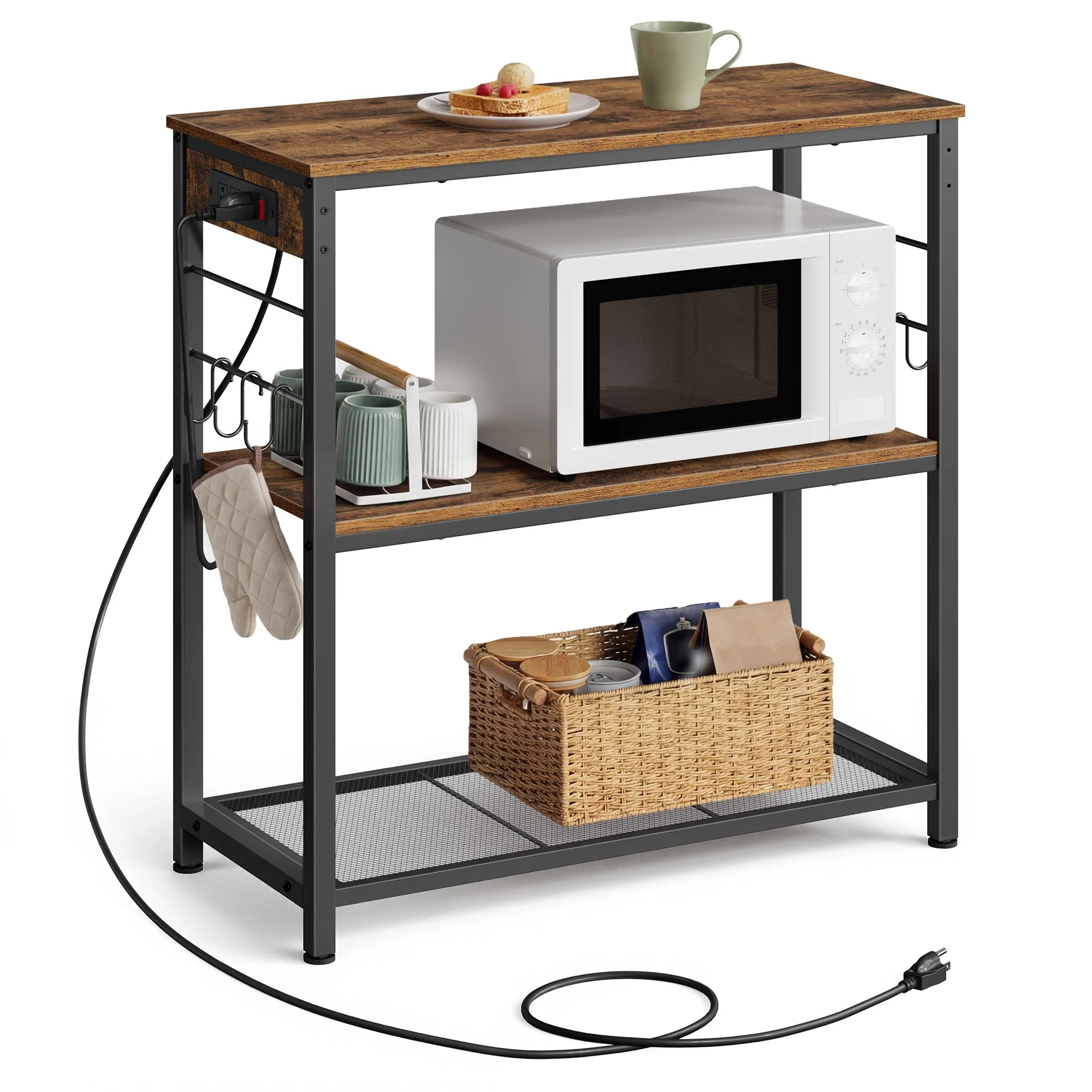 Metal kitchen island with power outlet and hooks