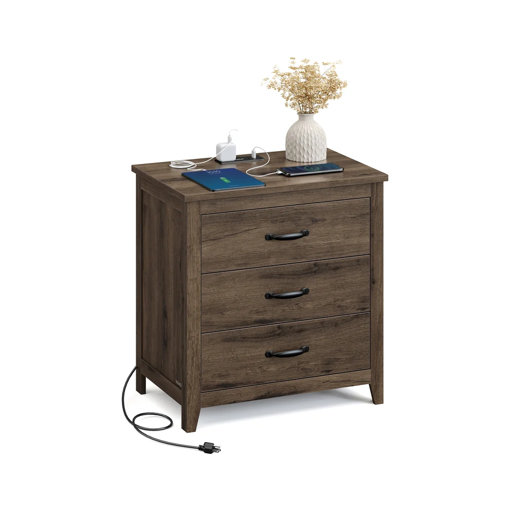 Liry Collection - Farmhouse nightstand with charging station drawers and open shelf - Image 2
