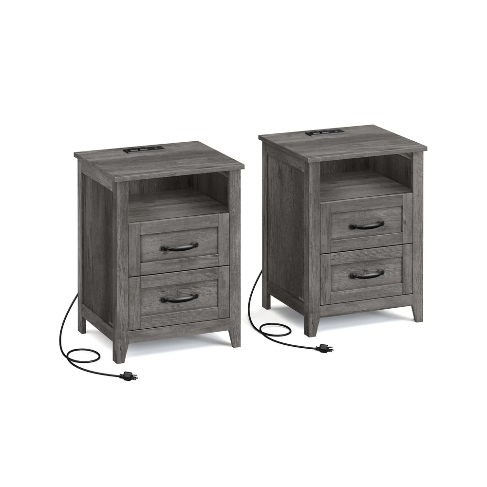 Liry Collection - Farmhouse nightstand with charging station drawers and open shelf - Image 5