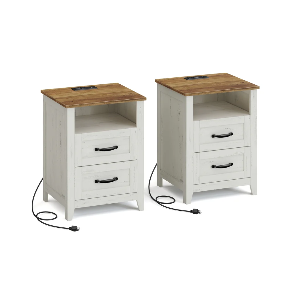 Liry Collection - Farmhouse nightstand with charging station drawers and open shelf - Image 6