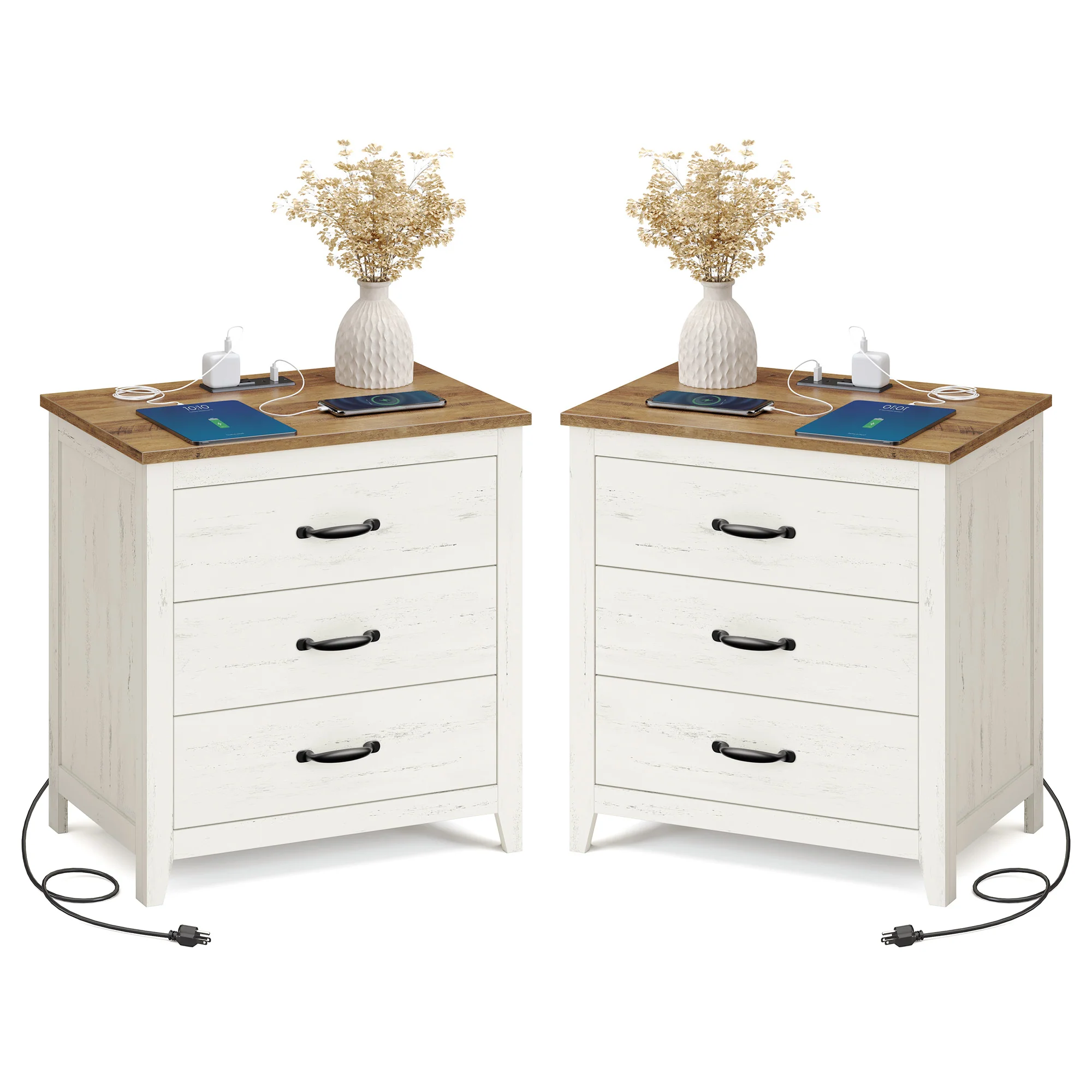 VASAGLE LIRY Collection - Farmhouse Nightstand with Charging Station