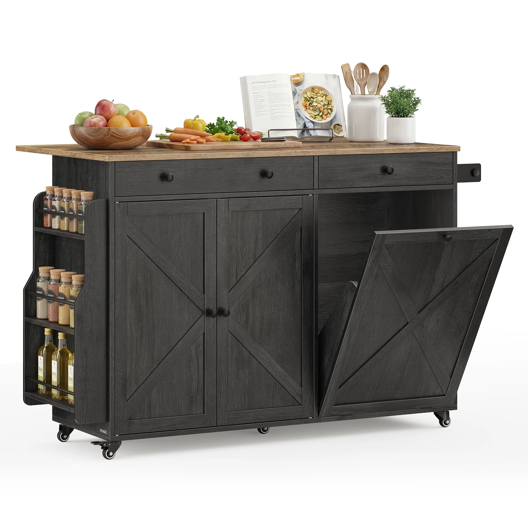VASAGLE Mobile Kitchen Island with Trash Can Storage, Drop Leaf, Portable Island with Spice Rack