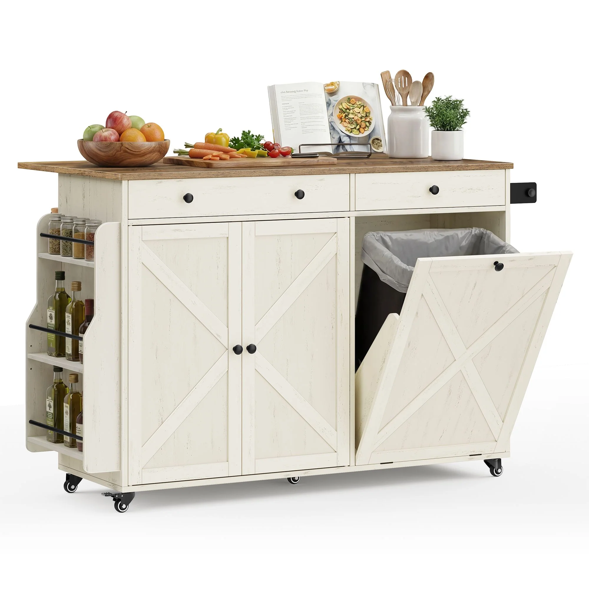VASAGLE Mobile Kitchen Island with Trash Can Storage, Drop Leaf, Portable Island with Spice Rack - Image 2