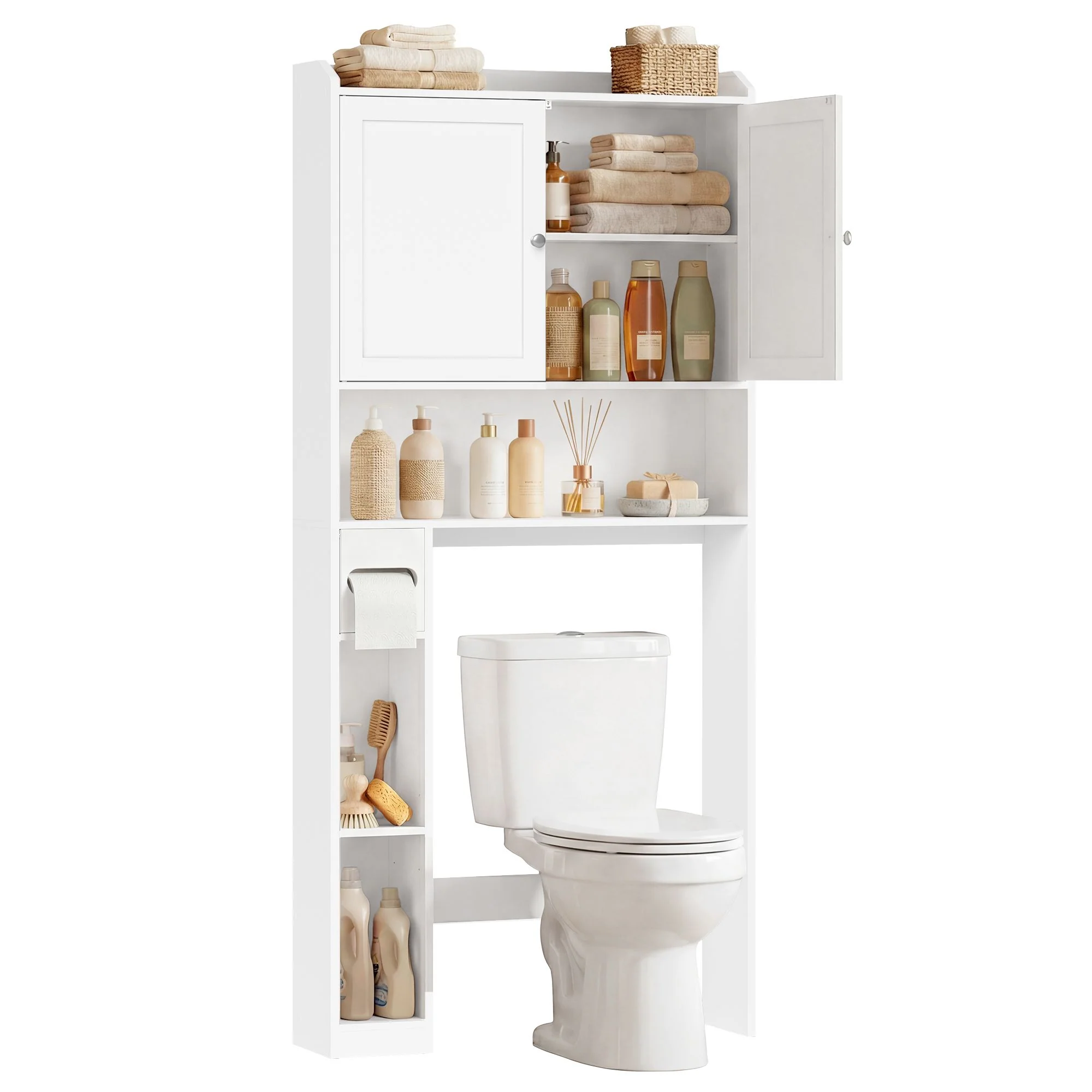 Bathroom storage shelf with paper holder over toilet