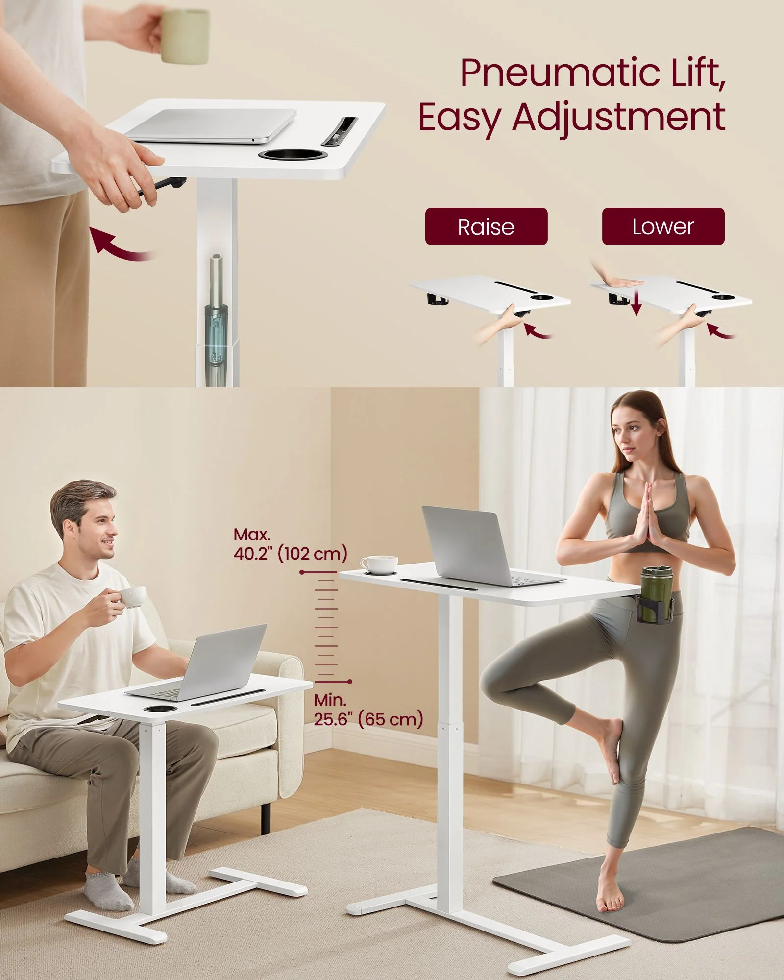 Overbed Table with Wheels, Mobile Standing Computer Desk