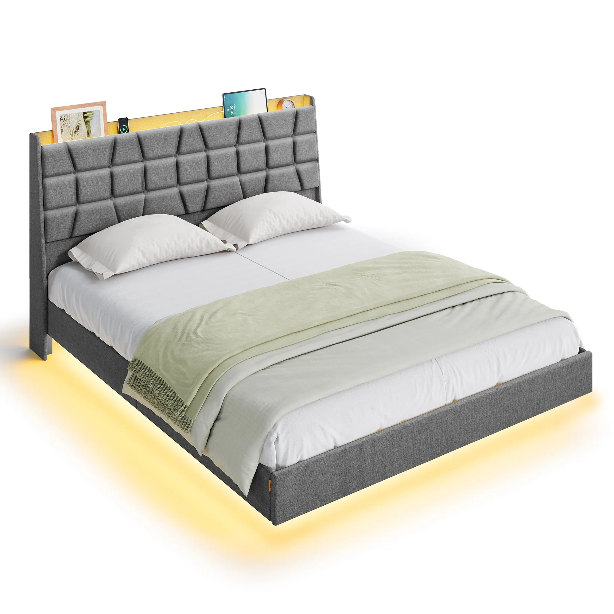 VASAGLE Queen Size Floating Bed Frame with LED Lights