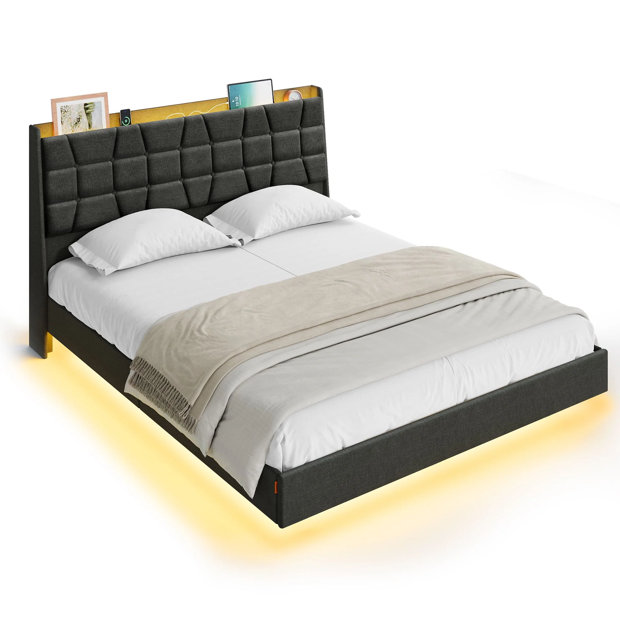 VASAGLE Queen Size Floating Bed Frame with LED Lights - Image 2