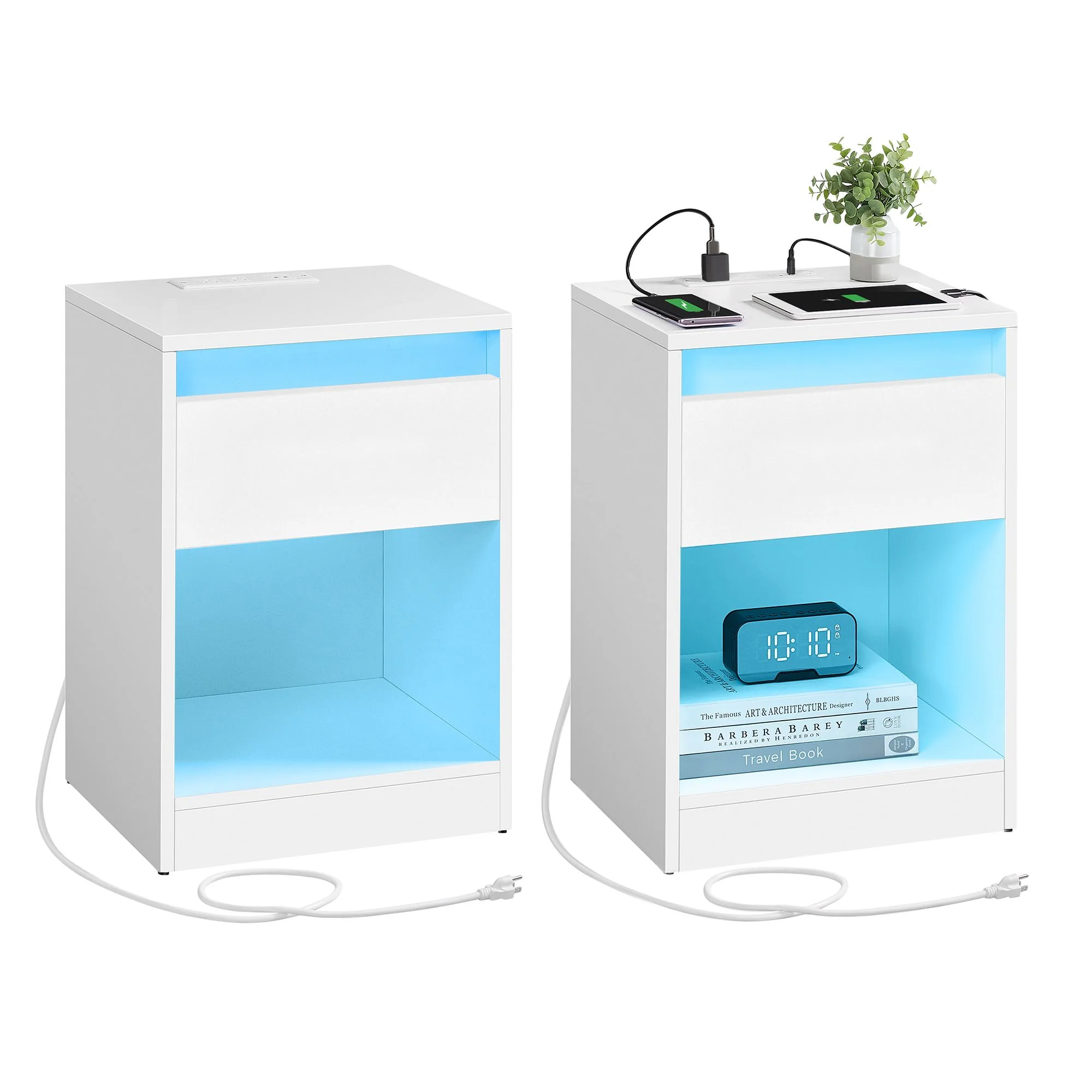VASAGLE Set of 2 LED Nightstands with Charging Station, Adjustable Colors, 2 AC Outlets