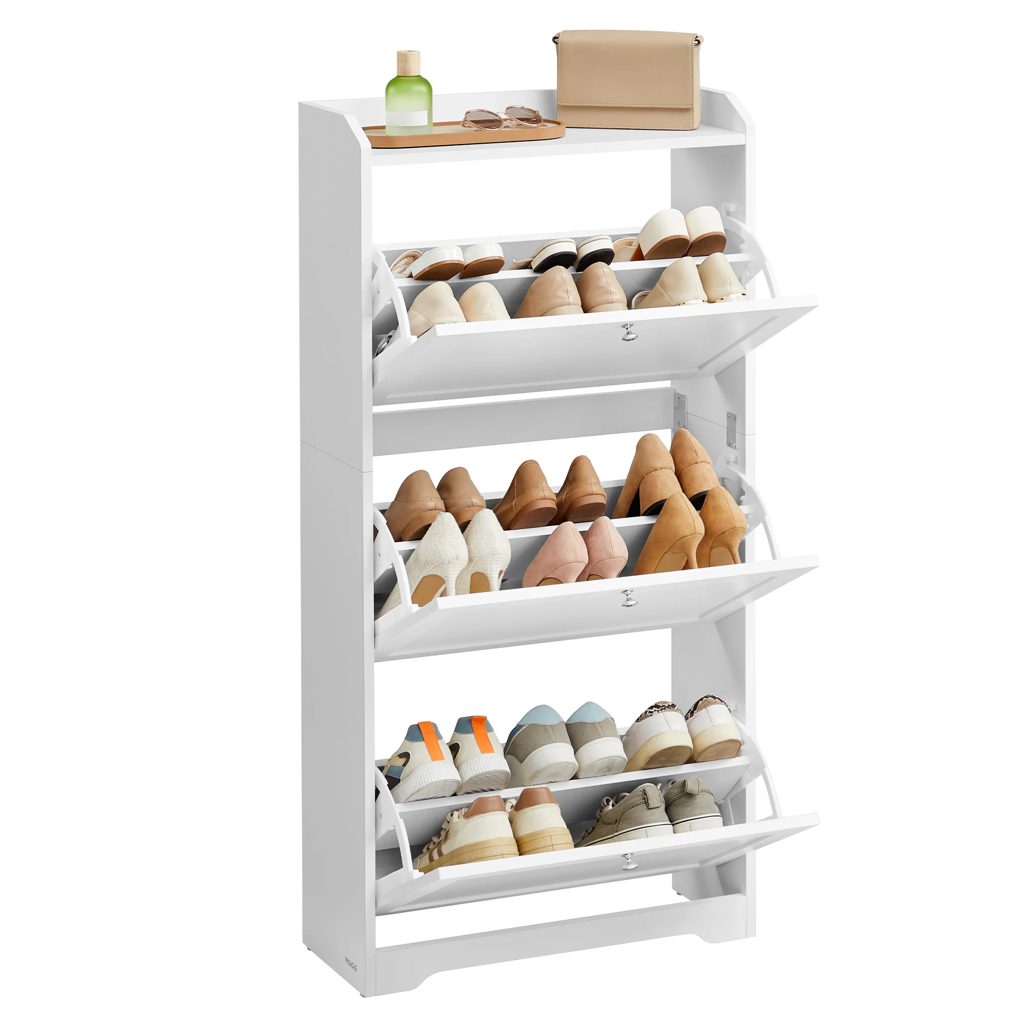 Shoe cabinet with flip drawers and adjustable dividers
