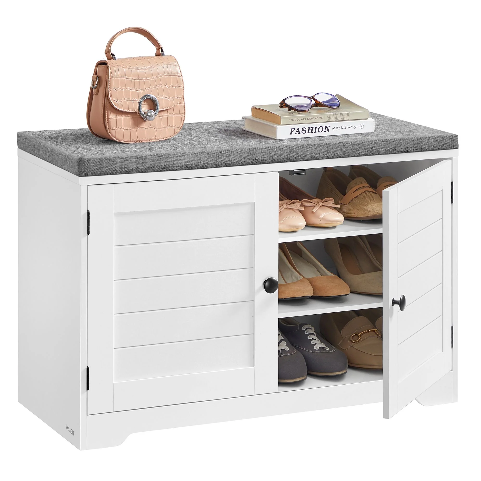 Shoe storage bench with cushioned seat, doors and adjustable shelves