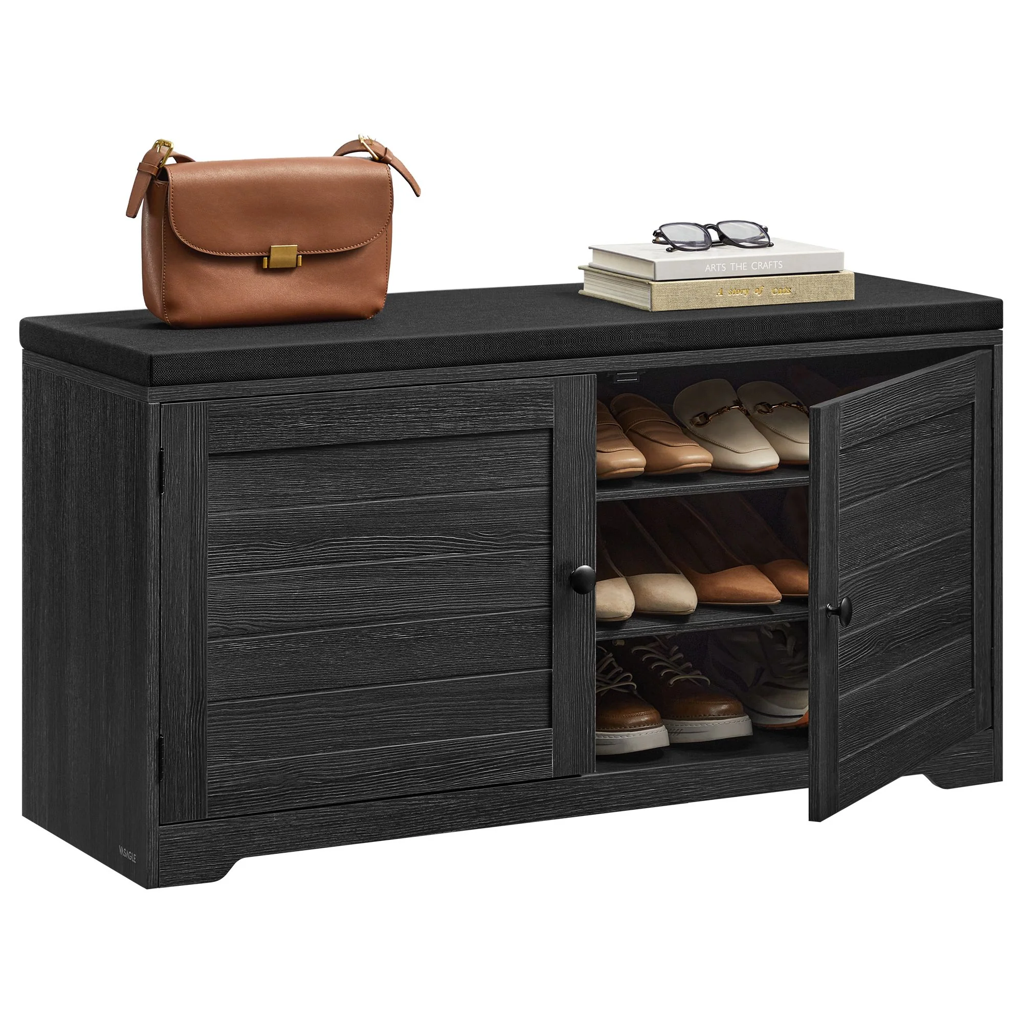Shoe storage bench with cushioned seat, doors and adjustable shelves