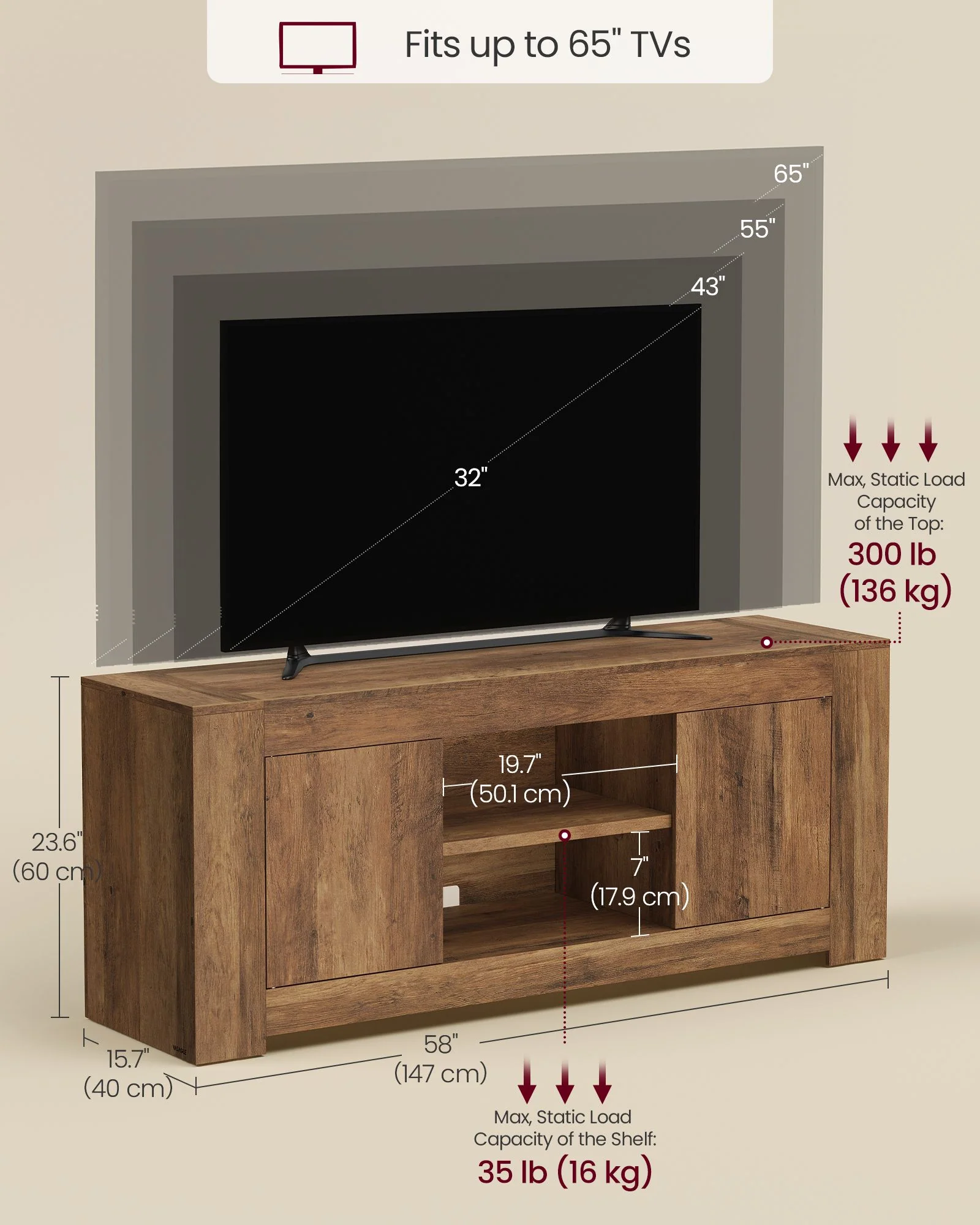 VASAGLE TV Stand, Farmhouse Entertainment Center with Storage Cabinets, Media Console Table for Living Room, Bedroom