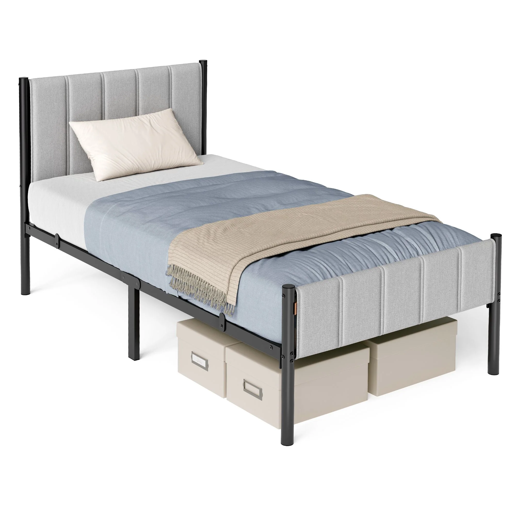 Upholstered metal bed frame with headboard and footboard